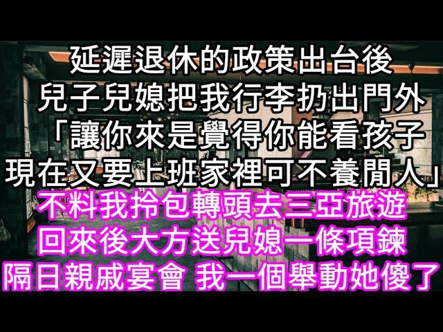 延遲退休的政策出台後兒子兒媳把我行李扔出門外「讓你來是覺得你能看孩子現在又要上班家裡可不養閒人」 不料我拎包轉頭去三亞旅遊 #心書時光 #為人處事 #生活經驗 #情感故事 #唯美频道 #爽文