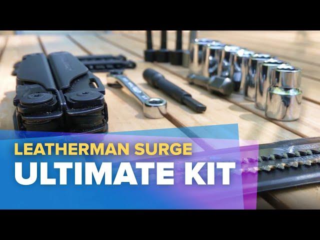 Leatherman Surge Ultimate organizer and kit: ratchet, socket set, bit kit, measuring tape