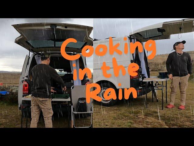 Cooking in the rain after an amazing long drive, Trees do not grow up here.