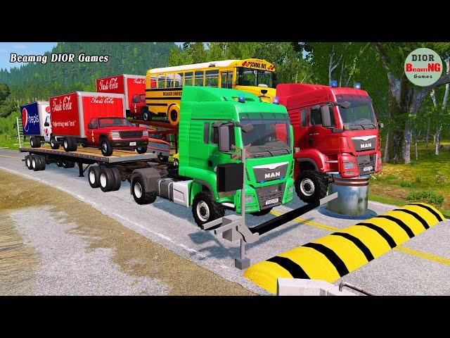 Double Flatbed Trailer Truck cars vs rails tractor vs train cars vs bollards Beamng Drive 343