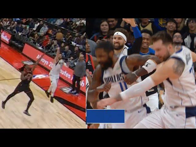 Luka Doncic has Kyrie and Klay hyped with one handed buzzer beater from half court