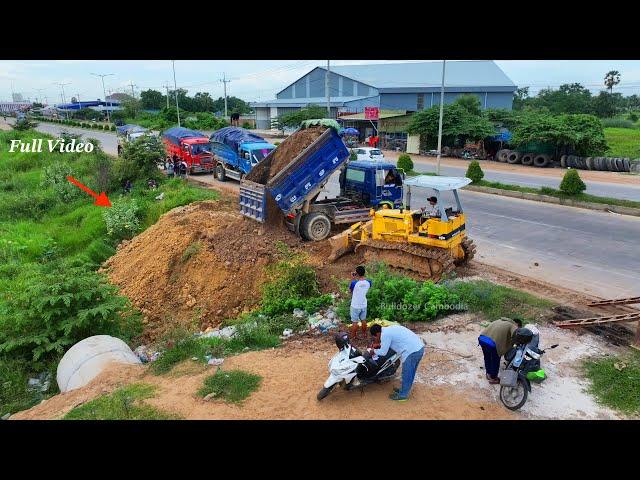 Build new road connect 100% across grass water to house process by power bulldozer with dump trucks