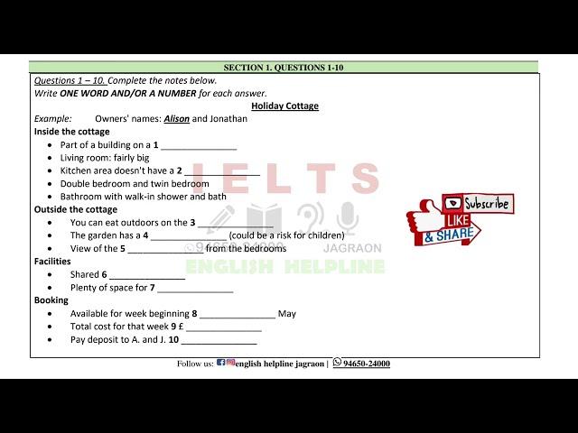 #listening 7U2L  Holiday cottage owner's name Alison and Jonathan #ielts #ehjagraon