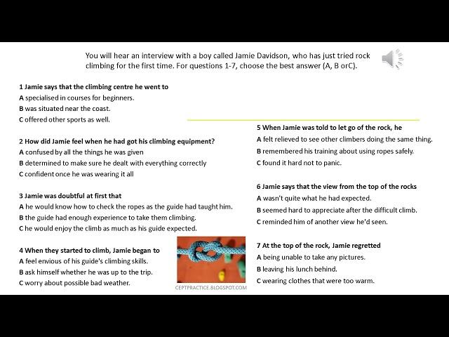 Practice tests B2 Level EXTENDED listening about rock climbing with ANSWER