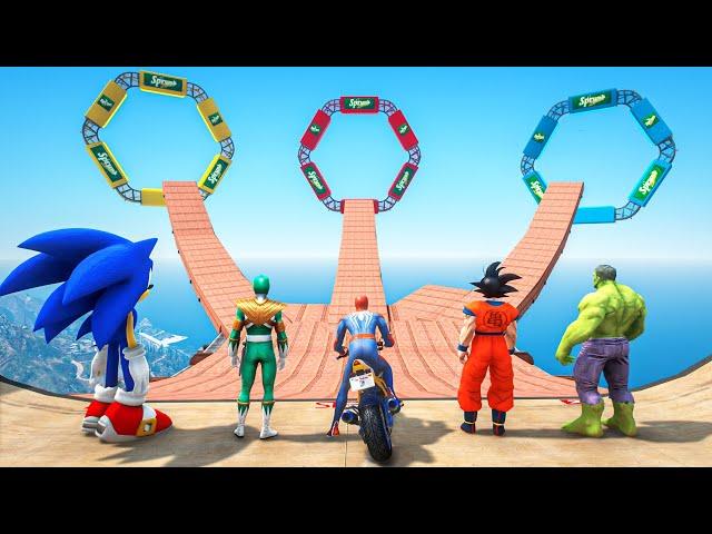 POWER RANGERS VS SpiderMan Team | Hulk, Sonic MotorBike Racing Challenge #194