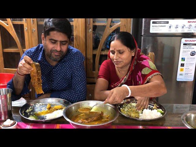 eating showeating big chitol fish curry, shak vaja and rice