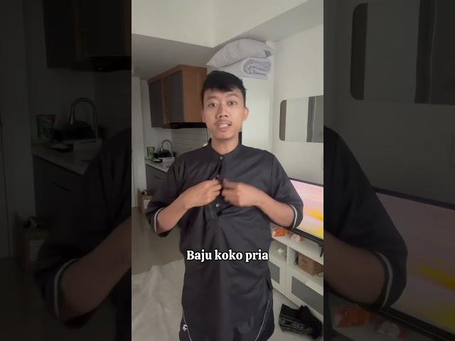 ￼Zeaarabic Kemeja Koko Pria Basic Polos Hitam 3/4