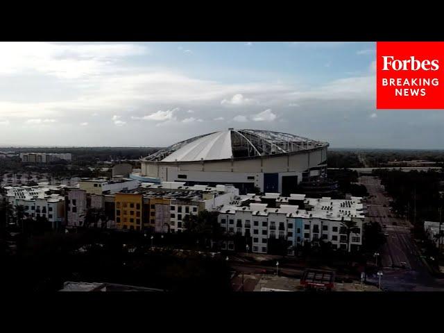 Drone Camera Captures Damage From Hurricane Milton To Tropicana Field In St. Petersburg, Florida