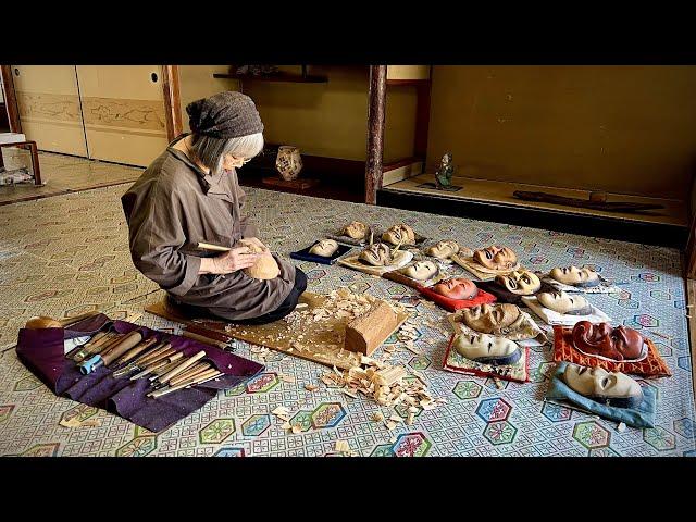 Process of making traditional Japanese masks.Craftsmen who have been making masks for 40 years.