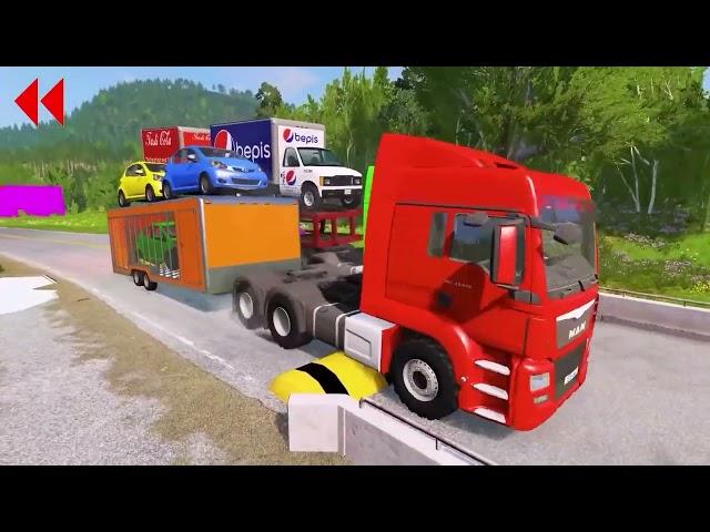 Double Flatbed Trailer Truck vs Speedbumps Train vs Cars Beamng.Drive #104 With Reverse