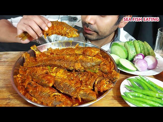 1kg sea fish bhuna masala eating with raw onion green chilli and cucumber-mukbang eating show