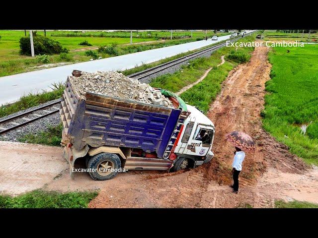 Dump Truck Drive Go Street Stuck And Crazy Unloading Fail - Bulldozer Clearing Clean Make New Road