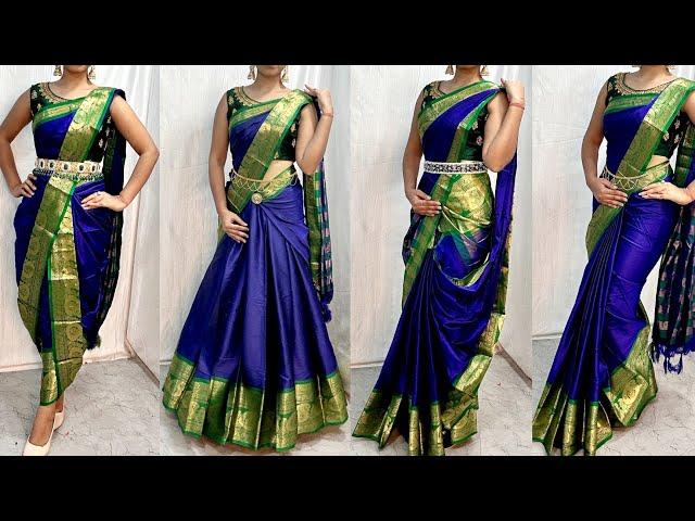 COTTON SILK SAREE DRAPING IN 4 ELEGANT STYLE|ELEGANT LEHENGA STYLE DRAPING|BEGINNER'S SAREE DRAPING