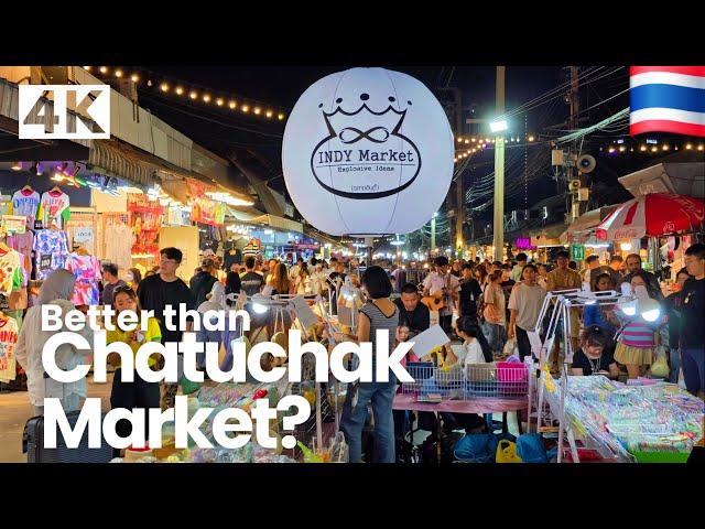 [4K] Indy Night Market Chatuchak in Bangkok  Walking Tour (ASMR - Binaural City Sound)