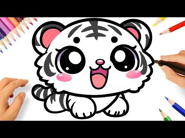 HOW TO DRAW A CUTE WHITE TIGER KAWAII STEP BY STEP 