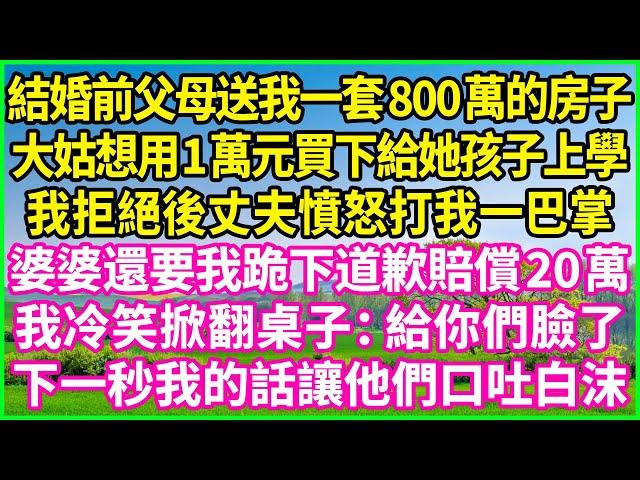 結婚前父母送我一套800萬的房子，大姑想用1萬元買下給她孩子上學，我拒絕後丈夫憤怒打我一巴掌，婆婆還要我跪下道歉賠償20萬，我冷笑掀翻桌子：給你們臉了！下一秒我的話讓他們口吐白沫#情感故事 #花開富貴