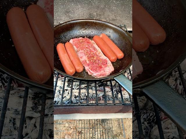Grilling steak and beef dog for dinner