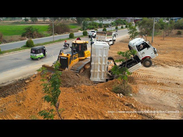 Incredible !! Dump Truck Fly Back Unloading Stuck Deep Heavy Recovery By Shantui Bulldozer Extremely