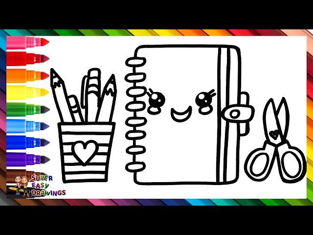 Draw and Color a Notebook, Pencils and Scissors ️️️ Drawings for Kids