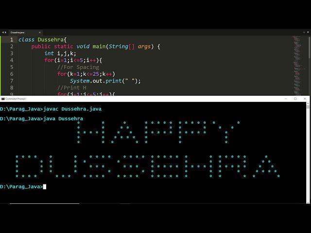Print Happy Dussehra pattern using nested for loops in Java
