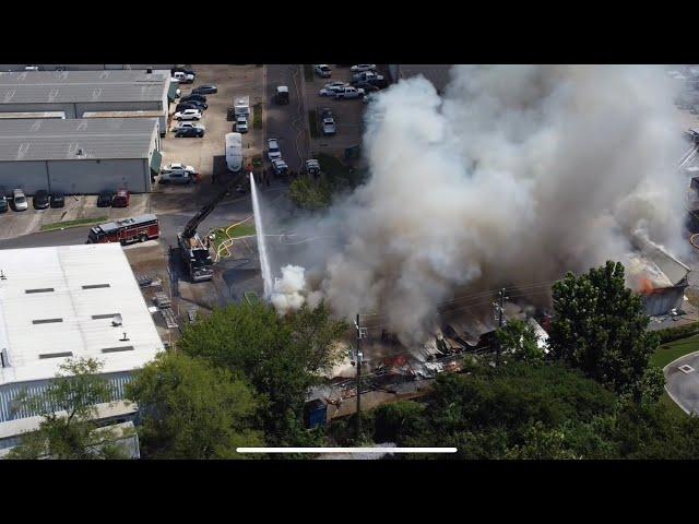 Drone video of large business fire in Pelham, Alabama on July 18, 2022