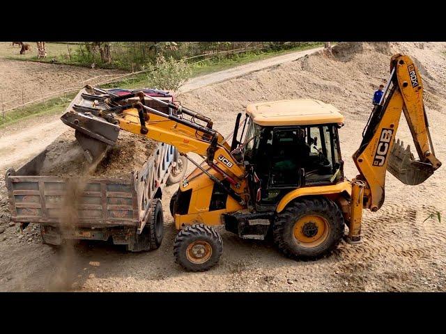 Loading Sand And Gravel On Near River - JCB Backhoe 3DX Machine