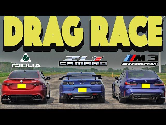 2023 BMW M3 Competition vs Alfa Romeo Giulia Quadrifoglio vs Chevy Camaro ZL. Drag and Roll Race