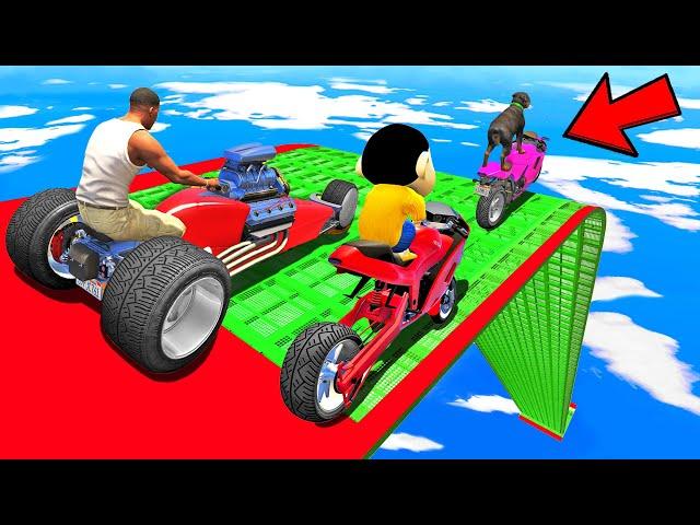 SHINCHAN AND FRANKLIN TRIED FORMULA ONE HARDEST MEGA RAMP JUMP CHALLENGE BY CARS BIKES TRUCKS GTA 5