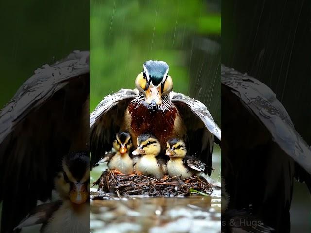 Under Her Wings: Mandarin Duck Guards Chicks from Rain #mother #birds  #rain #trending #duck