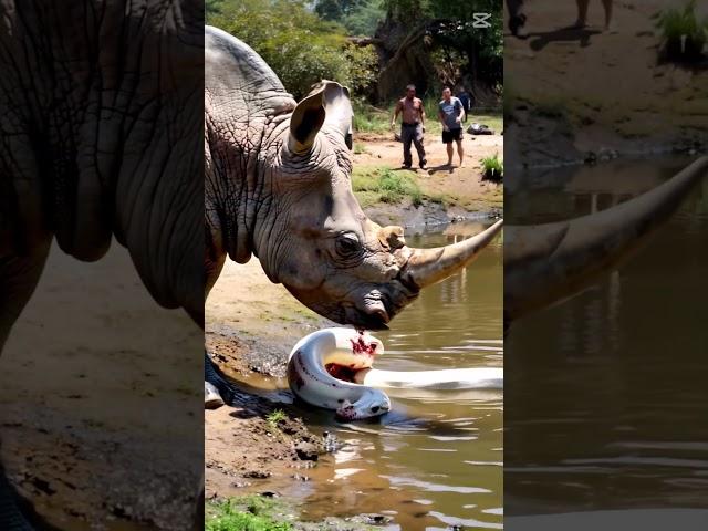 Rhino meets giant white python by the lake #youtubeshorts #pythonsnake #animals #giantpython #snake