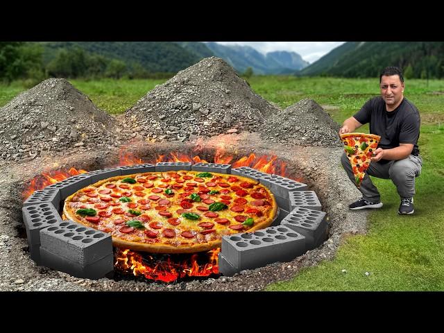 I Cooked a Huge Pizza Underground in the Wild Mountains! Homemade Sausage Pizza Recipe