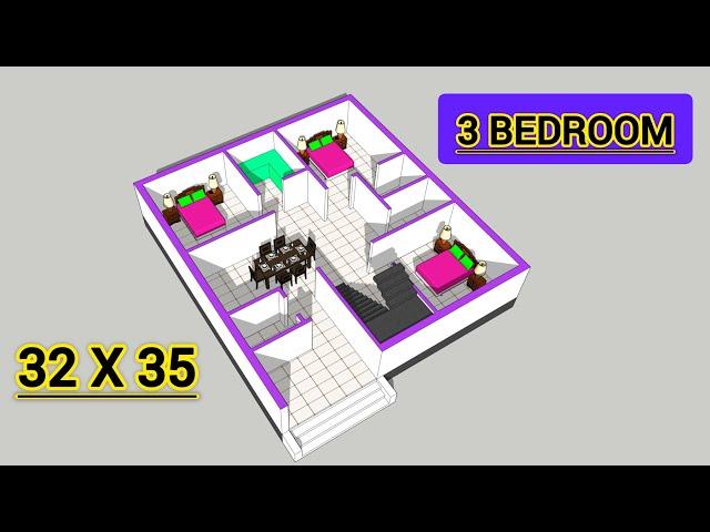 32x35 House Plan with 3BHK || 3 Bedrooms house plan || 32x35 house plan || Ghar ka naksha