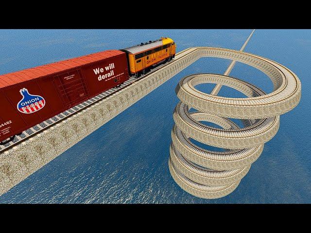 Impossible Weird Spiral Rail Tracks VS Trains - BeamNG.Drive