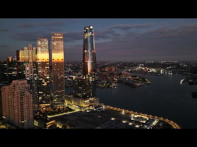 Drone first light from Observatory Hill Sydney Harbour Bridge, Sydney Opera House, City CBD 4K HDR