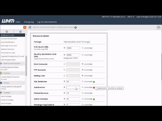 Web Host Manager - Modify an Account