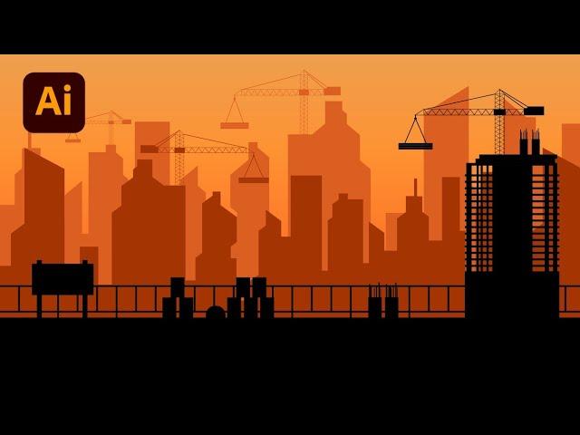 City Construction Landscape Illustration | Silhouette | Adobe Illustrator Tutorial