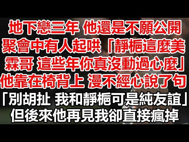 地下戀三年 他還是不願公開聚會中有人起哄：「靜梔這麼美，霖哥 這些年你真是沒動過心麼」他靠在椅背上 漫不經心說了句，「別胡扯 我和靜梔可是純友誼。」但後來他再見我卻直接瘋掉#幸福敲門 #情感故事