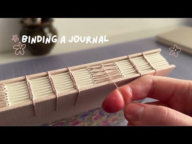 making a floral journal with interlaced hem stitch  soft gentle music and sounds of bookbinding