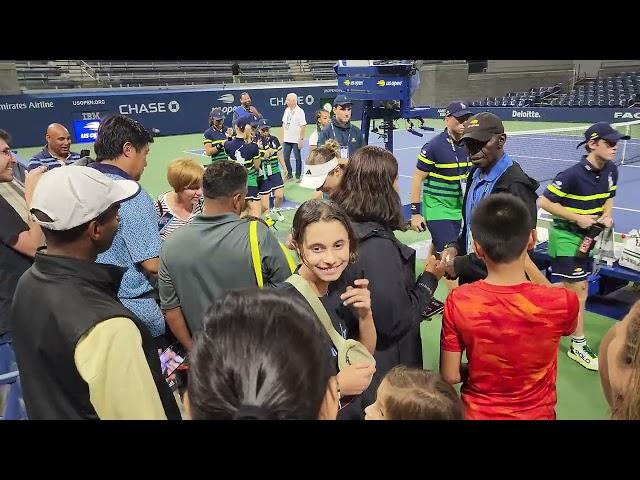 Katie Volynets with the fans at the 2023 US Open after her final round match win in Qualifying