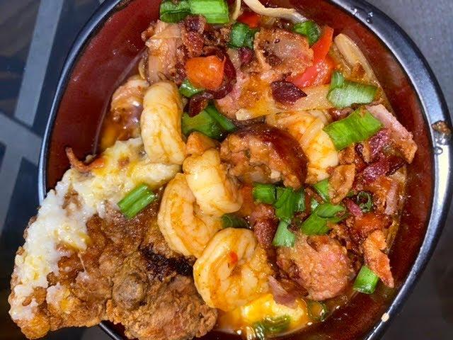 QUICK AND EASY CAJUN SHRIMP   & GRITS W/ FRIED CHICKEN 