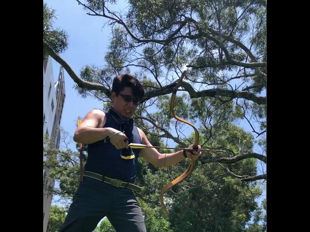 Traditional Archery-Crab Hornbow in the woods.