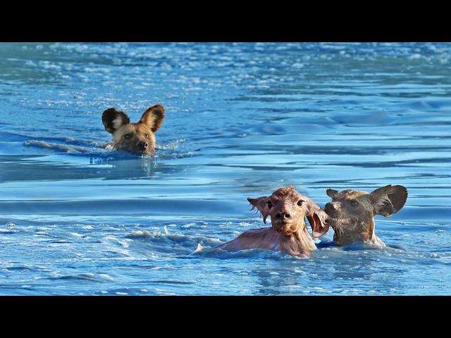 Wild Dogs Turn Into Crocodiles To Try Catch Baby Buck