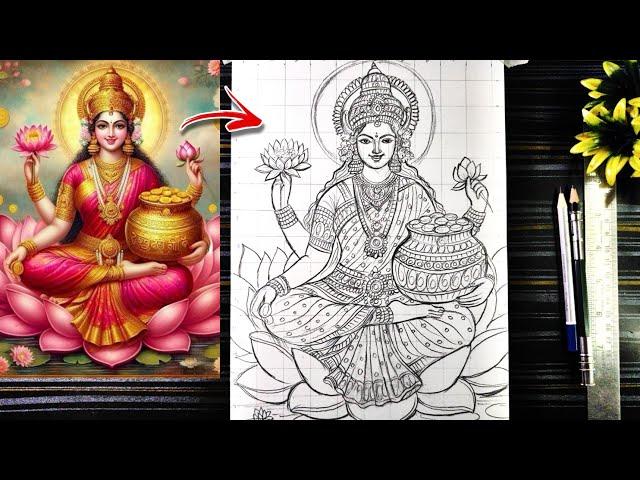 Maa Laxmi Drawing Outline, How To Draw Lakshmi Mata Full Body With Grid Method,Lokkhi Thakur Drawing