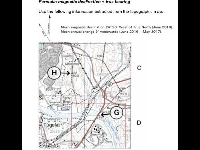 Geography Mapwork: Calculating  Magnetic declination and bearing exam question example.