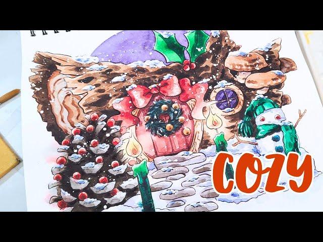 Lets Paint a Cozy Winter Holiday Yule Log House- Sketch, Ink, & Watercolor Tutorial Start to Finish