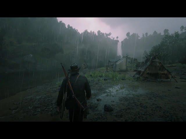 Arthur Chills At A Camp & Stay Dry In The Cave by the river during rain | RDR2 ASMR