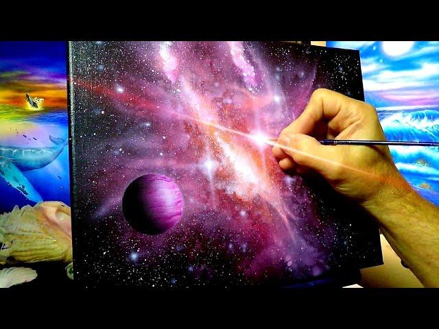 Acrylic Galaxy outer space painting with stars and a planet red nebula step-by-step