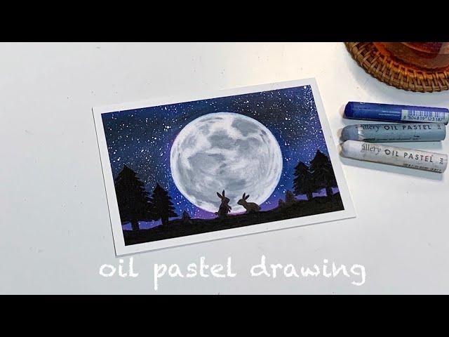 How to draw the moon and rabbit night sky with an oil pastel, oil pastel drawing