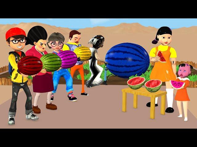 Scary Teacher 3D vs Squid Game Enlarge Rainbow Watermelon 5 Times Challenge Does Miss T To Win?