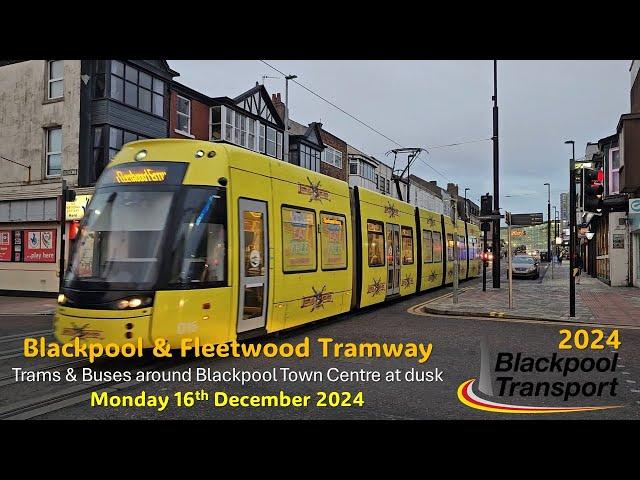 Blackpool & Fleetwood Tramway: Blackpool Town Centre with buses at dusk on Monday 16th December 2024